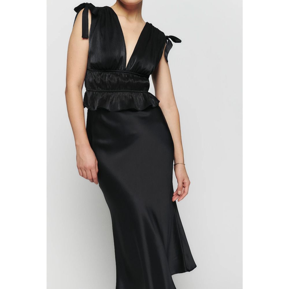 Reformation Black Satin V-Neck Tie Shoulder Top